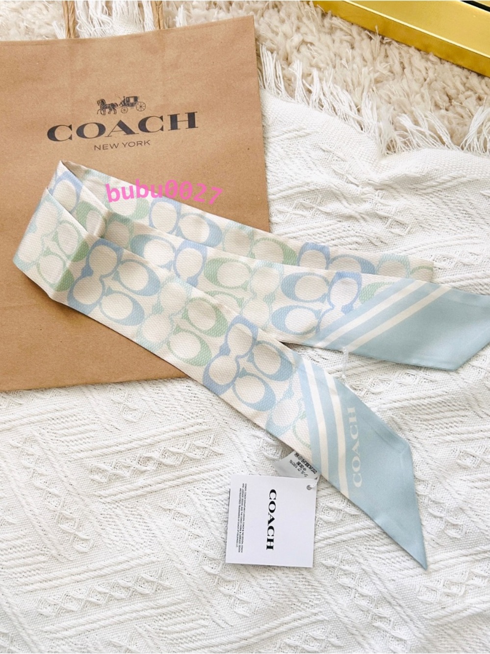 NWT🦋Coach Signature Silk Skinny Scarf  Bag Hair Accessories CEH58 Blue Twilly